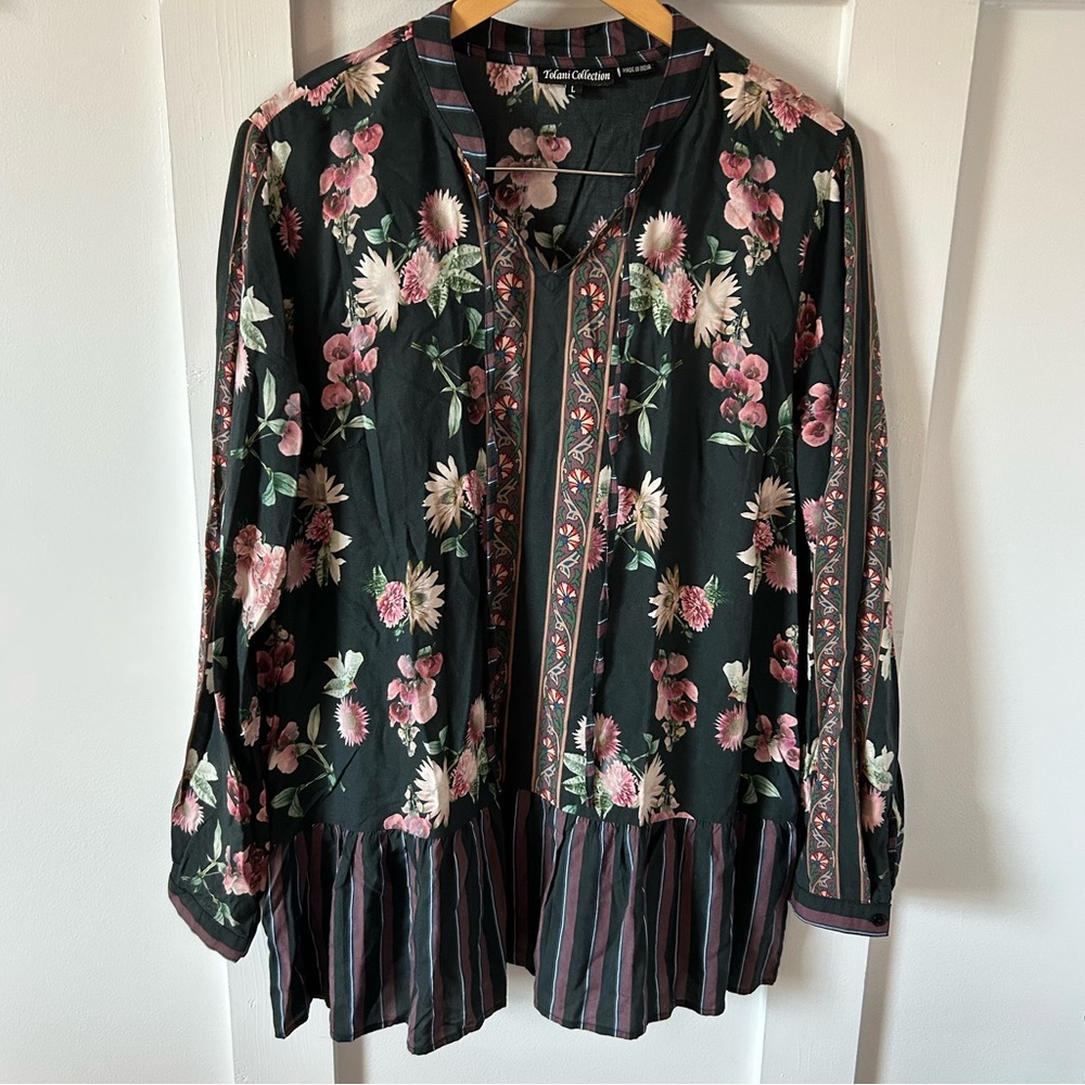 Tolani Collection Floral Stripe Flowy Blouse Tunic Top Modal Made In India M